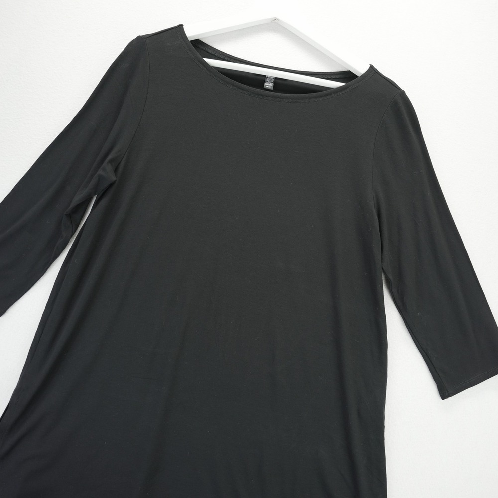 Eileen Fisher Black Viscose Jersey Boat Neck 3/4 Sleeve Tunic Top Medium